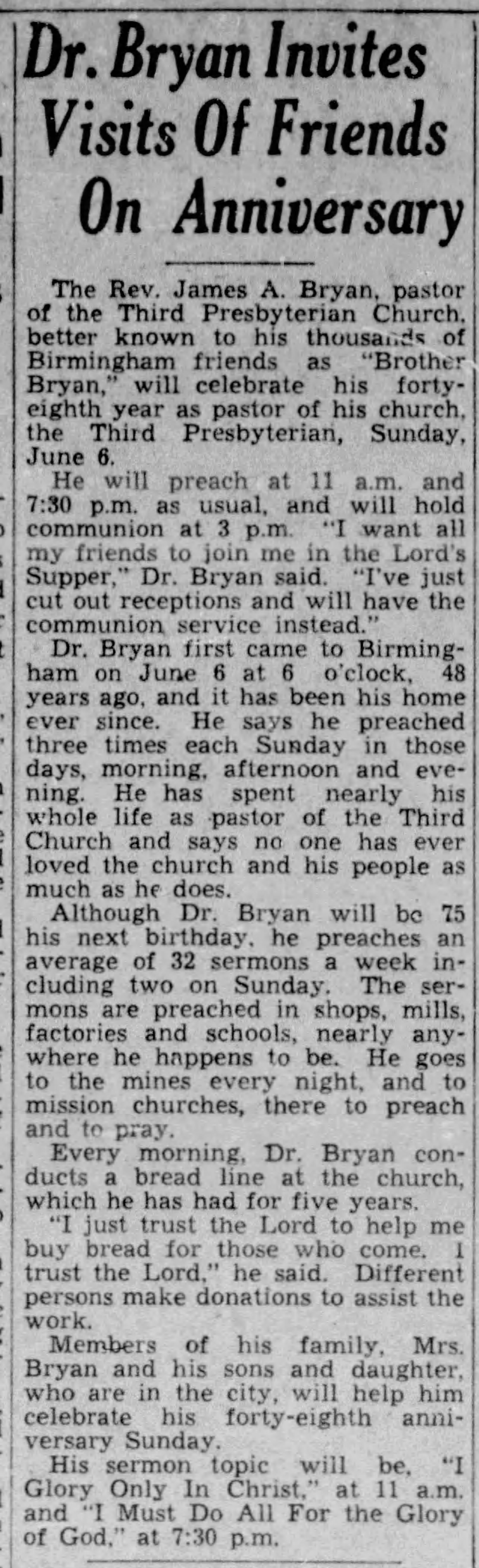 Dr. Bryan Invites Visits of Friends on Anniversary